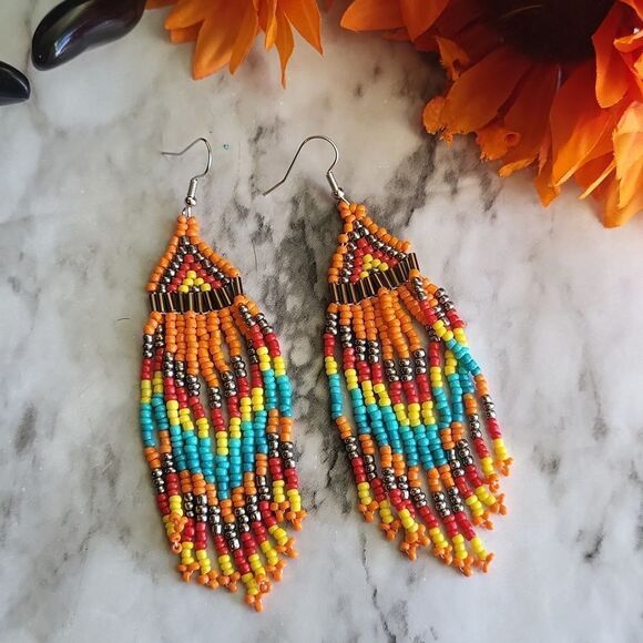 Native American-Style Beaded Tassel Fashion Earrings Orange - Picture 3 of 10